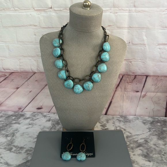 Premier Designs faux turquoise stone brass tone necklace & earrings matching set - Picture 1 of 8